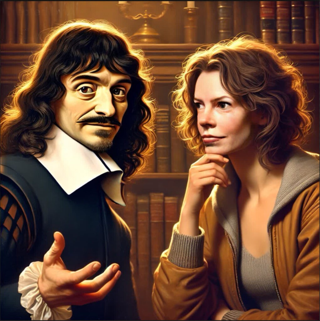 An enhanced AI graphic by DALL-E of René Descartes on the left and Alison Simmons on the right is used as a featured image.