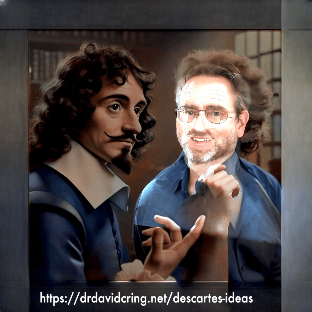 An enhanced, colorized ChatGPT AI-generated graphic of René Descartes on the left conversing with Alan Nelson on the right in an extended virtual frame with the DTOI URL written at the center of the bottom frame is used as a featured image.