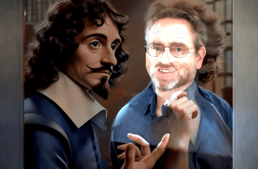An enhanced, colorized ChatGPT AI-generated graphic of René Descartes on the left conversing with Alan Nelson on the right in an extended virtual frame with the DTOI URL written at the center of the bottom frame is used as a featured image.