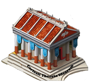 As a bullet point, an enhanced descratched drawing cutout of a Roman temple with six columns on the side of the rectangular stone building, five orange sections on the roof, and three hanging blue banners is used.