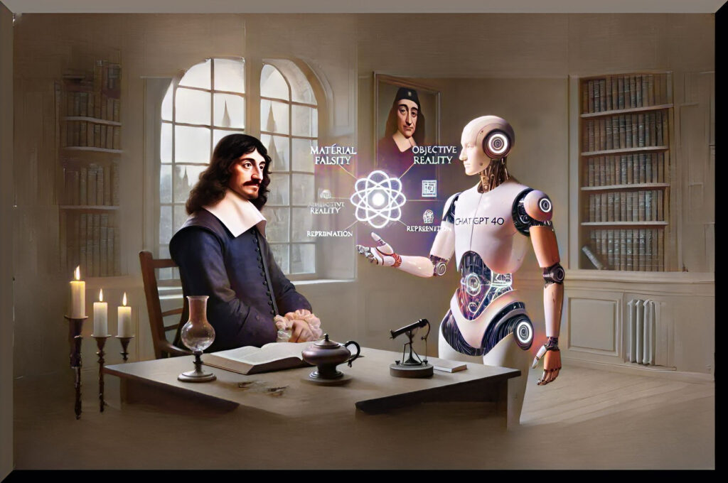 A 3D extended framed AI graphic generated by DALL-E showing René Descartes discussing the material falsity and objective reality of sensations with a ChatGPT white android is used as a featured image.