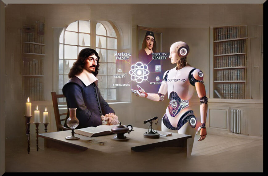 A 3D extended framed AI graphic generated by DALL-E showing René Descartes discussing the material falsity and objective reality of sensations with a ChatGPT white android is used as a featured image.