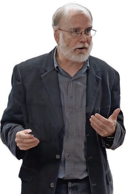 An enhanced colorized photographic upper torso and headshot cutout of a white-bearded, glasses-wearing Gary Hatfield looking to his left with both hands held up, palms up, gesticulating, are used for visual identification. He wears a dark gray suit jacket over a medium gray patterned shirt unbuttoned at the neck.