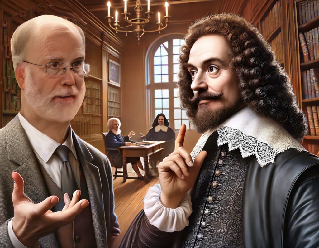 An enhanced colorized DALL-E AI-generated graphic of Gary Hatfield on the left arguing with René Descartes on the right in a library with Dr. David C. Ring sitting in the background at a table on the right serves as the featured image.