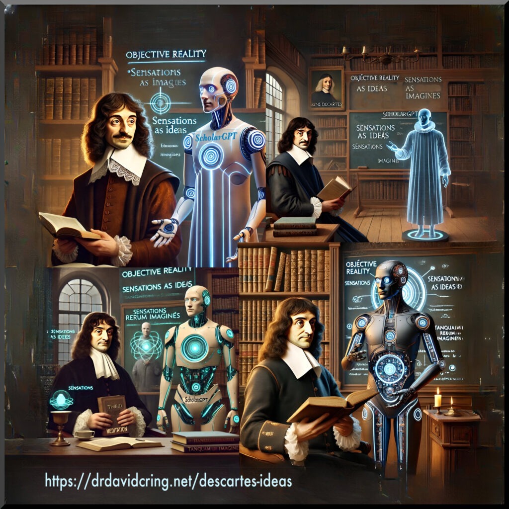 A 3D-framed and virtually extended border of four enhanced graphics done by DALLE-E, placed in quadrants with Descartes arguing with ScholarGPT that a cold sensation can still qualify as an idea without containing any objective reality, is used as a featured image.