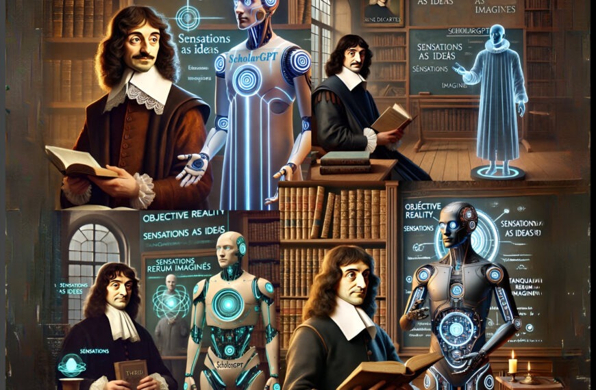 A 3D-framed and virtually extended border of four enhanced graphics done by DALLE-E, placed in quadrants with Descartes arguing with ScholarGPT that a cold sensation can still qualify as an idea without containing any objective reality, is used as a featured image.