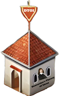 An enhanced, descratched cutout drawing of an orange-tiled roof, white stone-walled guard house with a door on the left wall and two windows on the right wall, an image of René Descartes’s head between, and “Descartes’s Theory of Ideas” in two lines underneath is used as a bullet point.