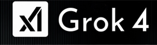 An enhanced colorized rectangular logo with the letters xl in black font inside a white square on the left side and Grok 4 in white font on a super dark blue/black background on the right side is used for visual identification.