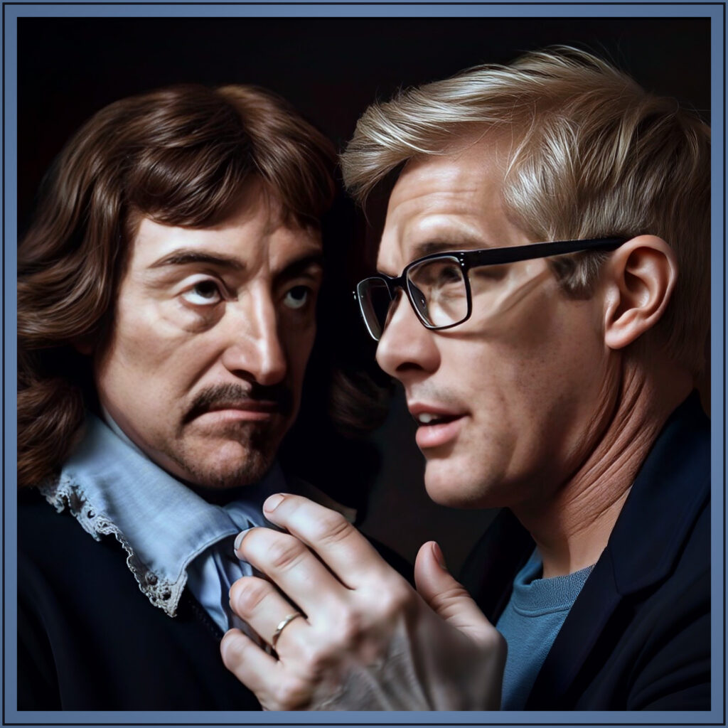 A blue-framed AI-generated graphic by DALL-E showing close-ups of René Descartes, wearing a blue collar on the left, staring at Paul Hoffman, wearing glasses on the right, is used as a featured image.