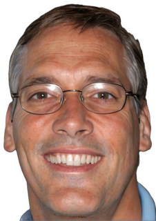 An enhanced colorized photographic close-up headshot cutout of a smiling Paul Hoffman with rimless glasses and a barely visible blue shirt was used for visual identification.
