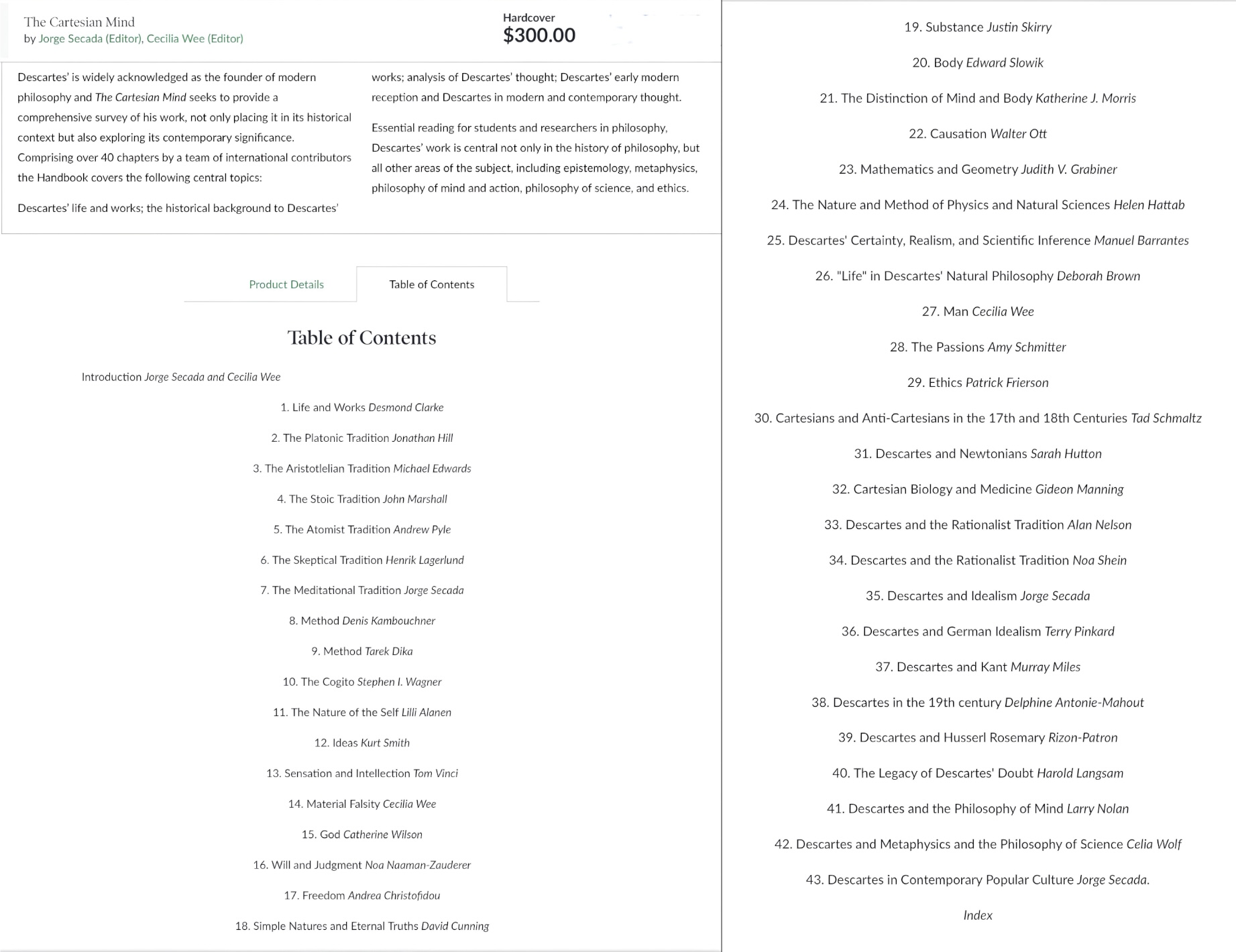 The book's contents are shown in an enhanced diptych of the Table of Contents for “The Cartesian Mind” (2025), edited by Jorge Secada and Cecilia Wee.