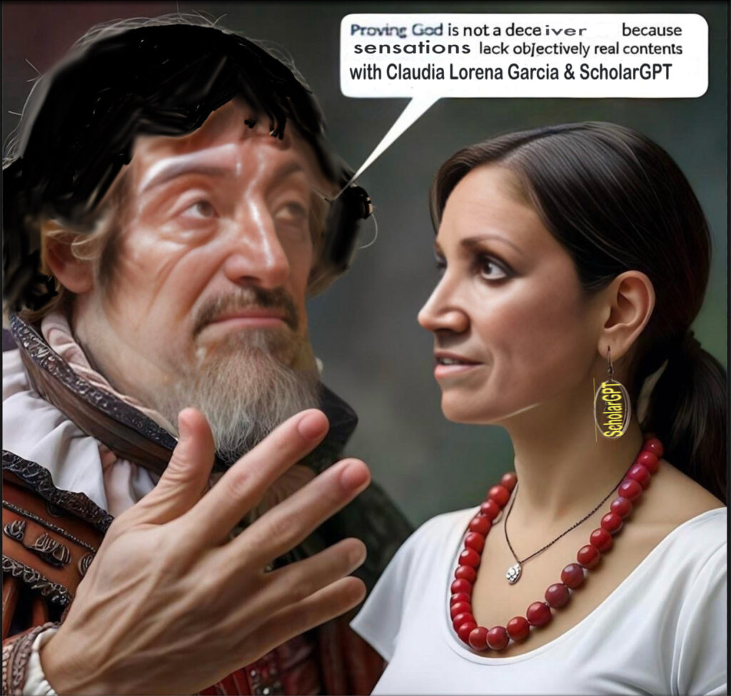 An enhanced colorized AI generated by Leonardo.ai via image generation from text with additional facial substitutions and cloning to give Descartes black hair and improve the thought bubble text content referencing the web page's title is used as a featured image.