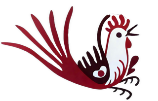 An enhanced colorized drawing of a rooster with a red tail and a coxcomb with black wings was used as a bullet point.
