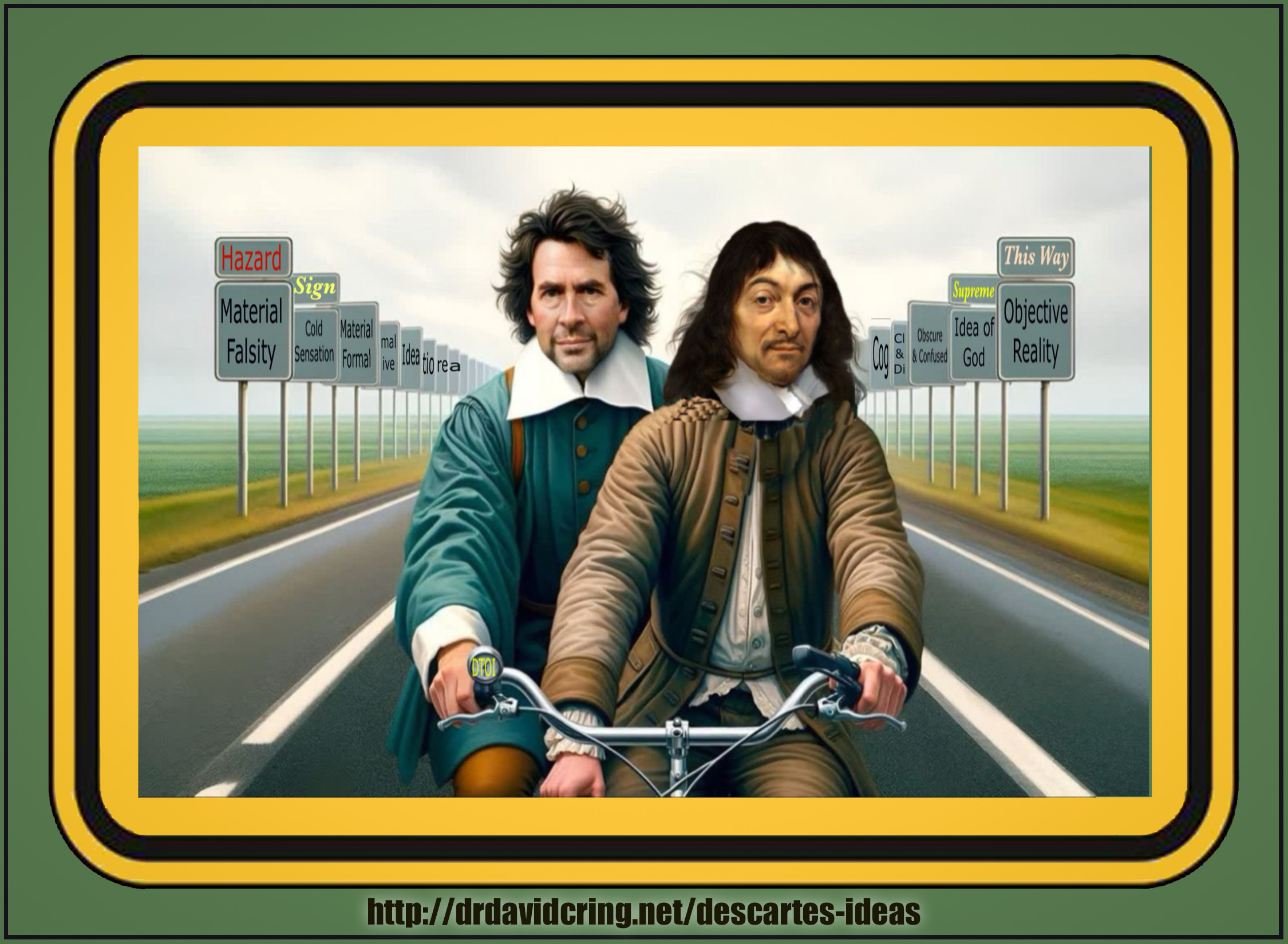 A green, yellow, and black framing of an AI created by Wall-E of Dr. David C. Ring and René Descartes on a tandem bicycle on an asphalt road with multiple road signs on both sides of the road with central Cartesian concepts written on the signs is used as a featured image.