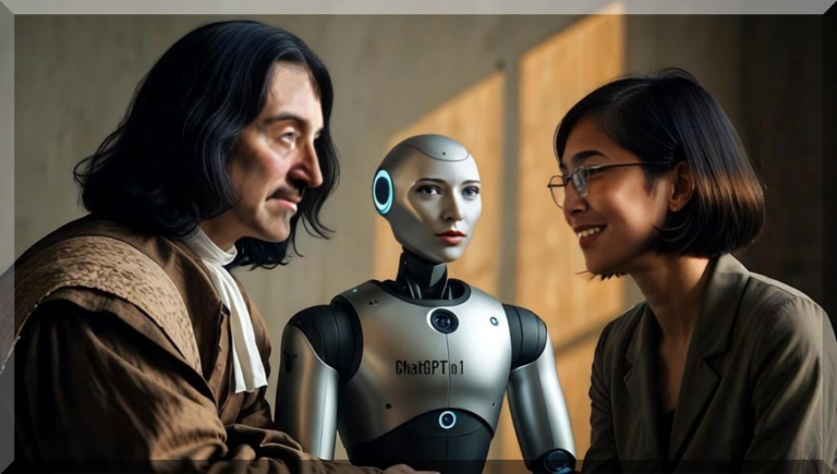 A bevel edged framed AI graphic by Leonardo.ai of René Descartes on left with android CharGPT o1 centered and Cecilia Wee on right wearing round glasses is used as a featured image.