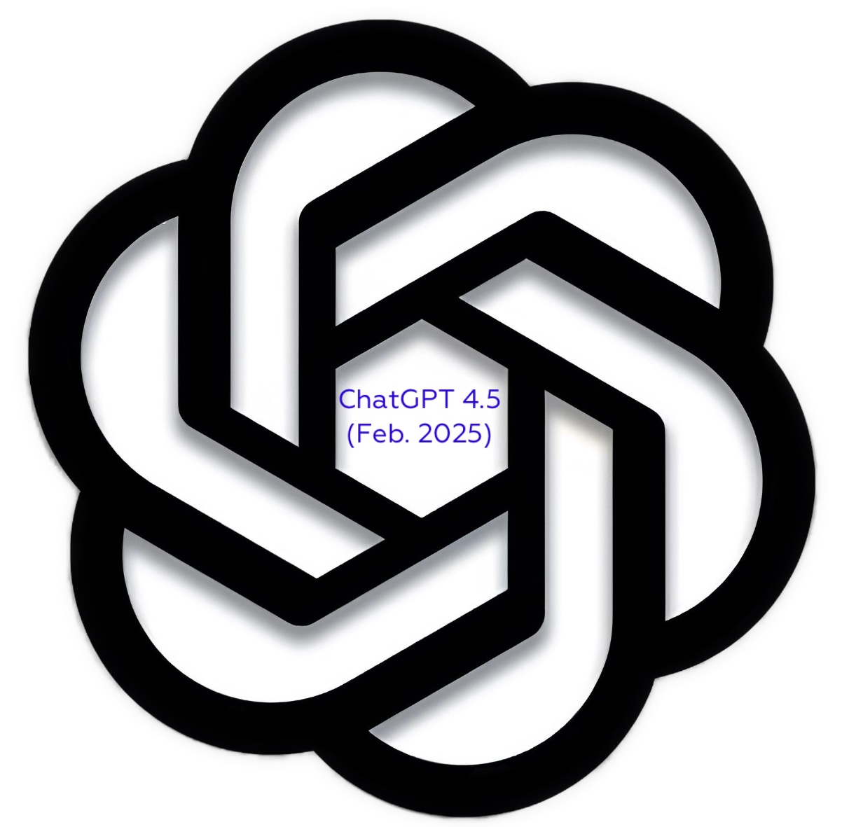 A white with black interlocking links ring with centered words “ChatGPT 4.5” with “(Feb. 2025)” underneath it in neon blue font used as logo.