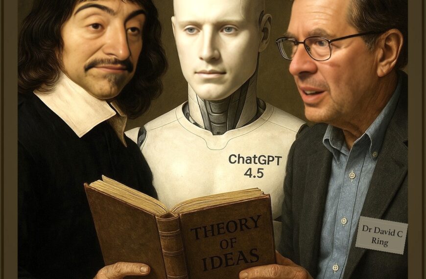 An unframed AI generated by ChatGPT with faces substituted by another AI program of a closeup of the trio of René Descartes Descartes on the left, ChatGPT 4.5 in the middle, and Dr.David C. Ring with his name tag on the left breast pocket on the right is used as a featured image.