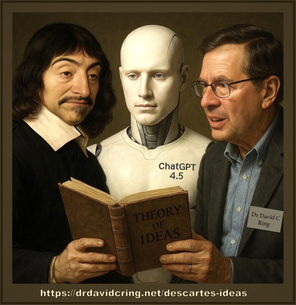An unframed AI generated by ChatGPT with faces substituted by another AI program of a closeup of the trio of René Descartes Descartes on the left, ChatGPT 4.5 in the middle, and Dr.David C. Ring with his name tag on the left breast pocket on the right is used as a featured image.