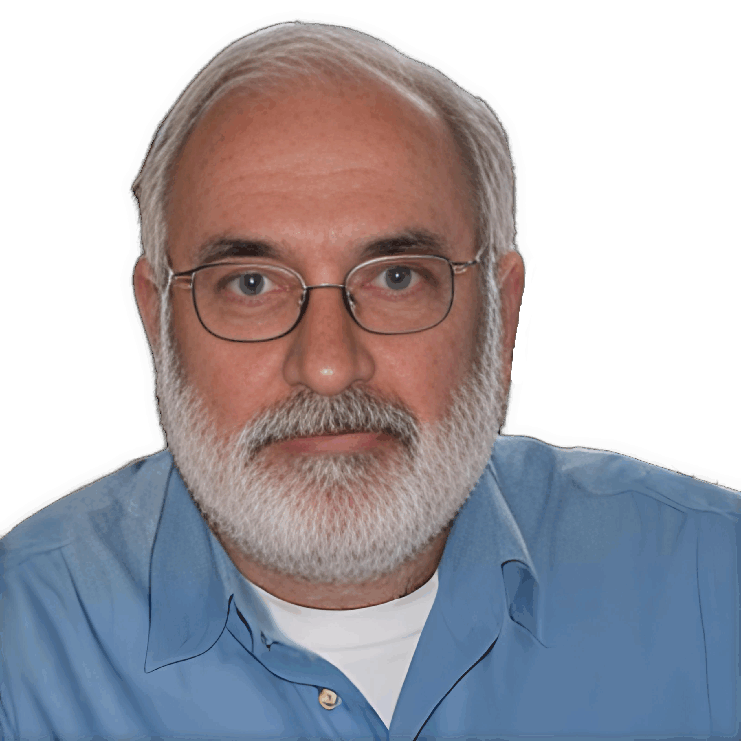 An enhanced photographic headshot cutout of a glasses-wearing, fully white-bearded, mustached Raul Landim Filho wearing a white rounded-neck t-shirt under an unbuttoned at the neck blue collared shirt is used to identify him visually.