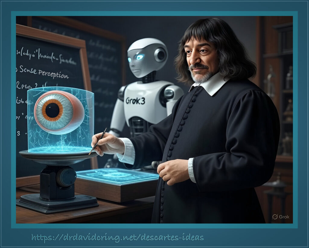 A blue-framed enhanced AI-generated graphic by Grok 3 of René Descartes on the right, a white android in the middle labeled Grok 3, and a giant eyeball in a blue cube on the left, with a brown wood-framed blackboard behind the cube are used as featured images.