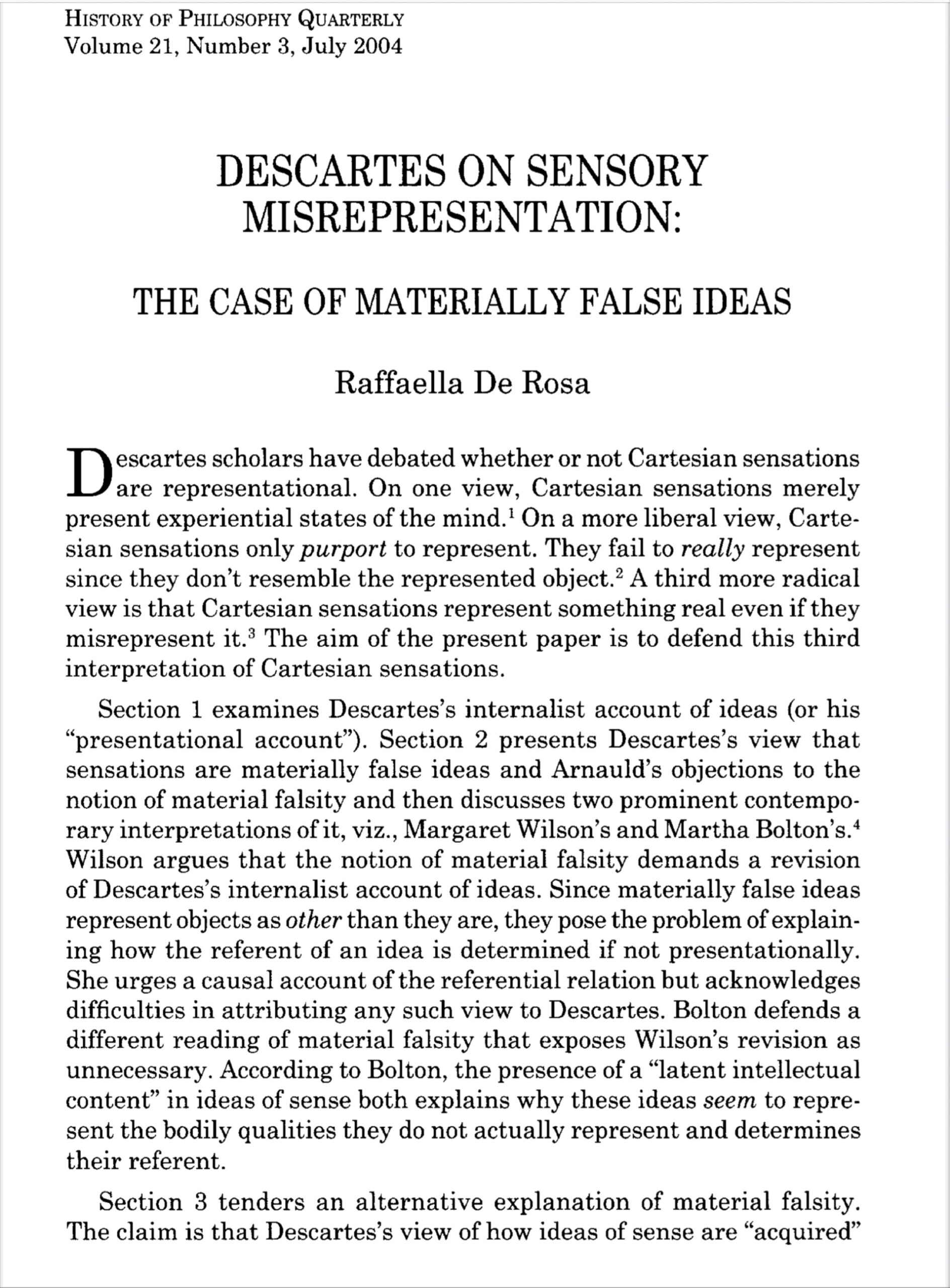 An enhanced first page of Rafaella De Rosa’s article “Descartes on Sensory Misrepresentation: The Case of Materially False Ideas” in the ‘History of Philosophy Quarterly’ (2004).