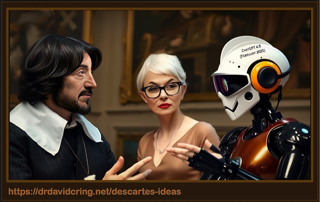 A small framed photorealistic AI graphic done by Leonardo.ai of René Descartes on the left, Raffaella De Rosa center, and bronze bodied with white helmeted android ChatGPT 4.5 (February 2025) written on the left side of his helmet used as a featured image.
