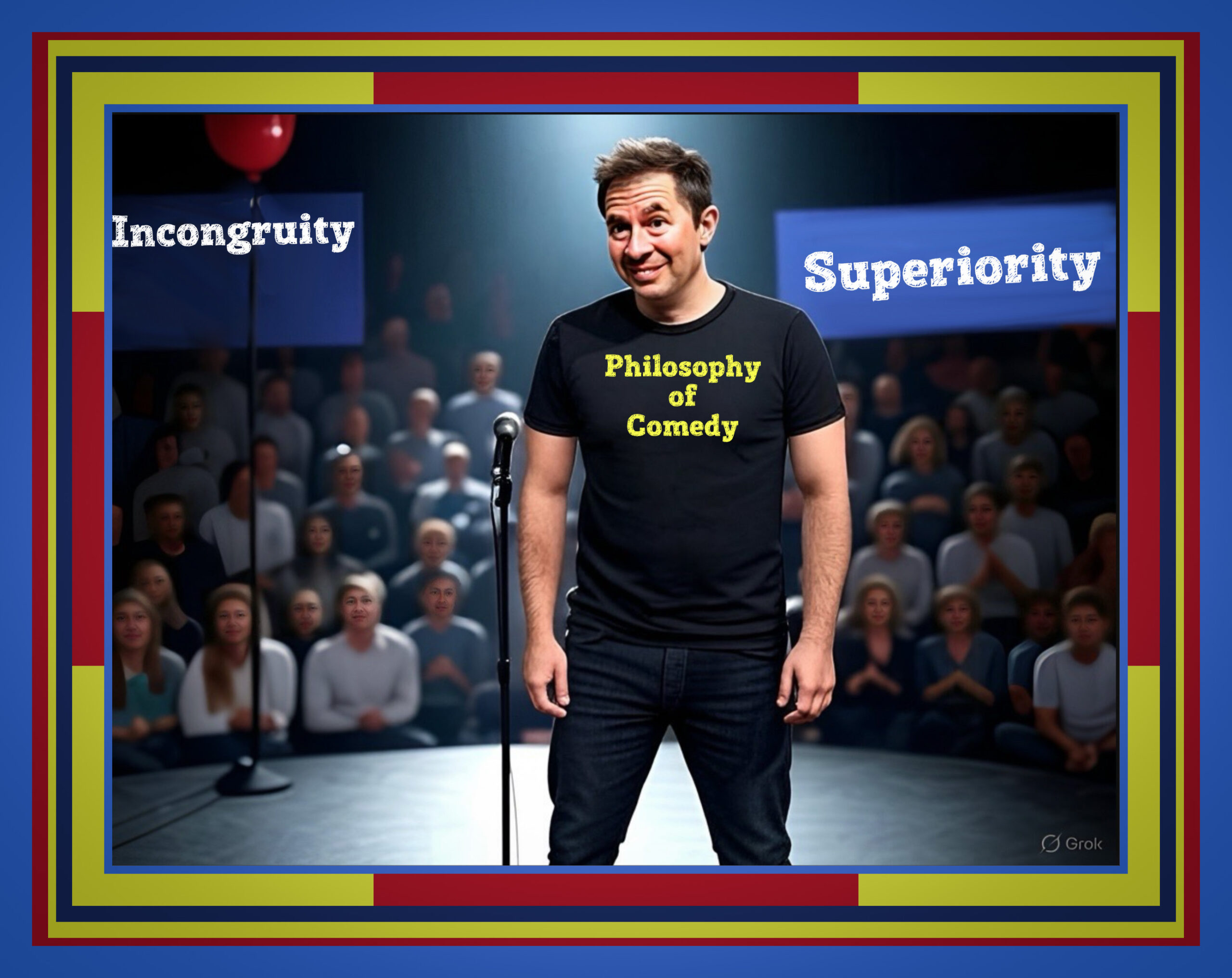 A sextuple frame of blue, maroon, dull lime green, dark blue, and the innermost frame is blue, portrays an AI-generated graphic by Grok 3 of a stand-up comedian dressed in black pants, a black T-shirt with a yellow Philosophy of Comedy centered on his chest standing on stage behind a low microphone stand with a goofy expression on his face. This image is used as a featured image.
