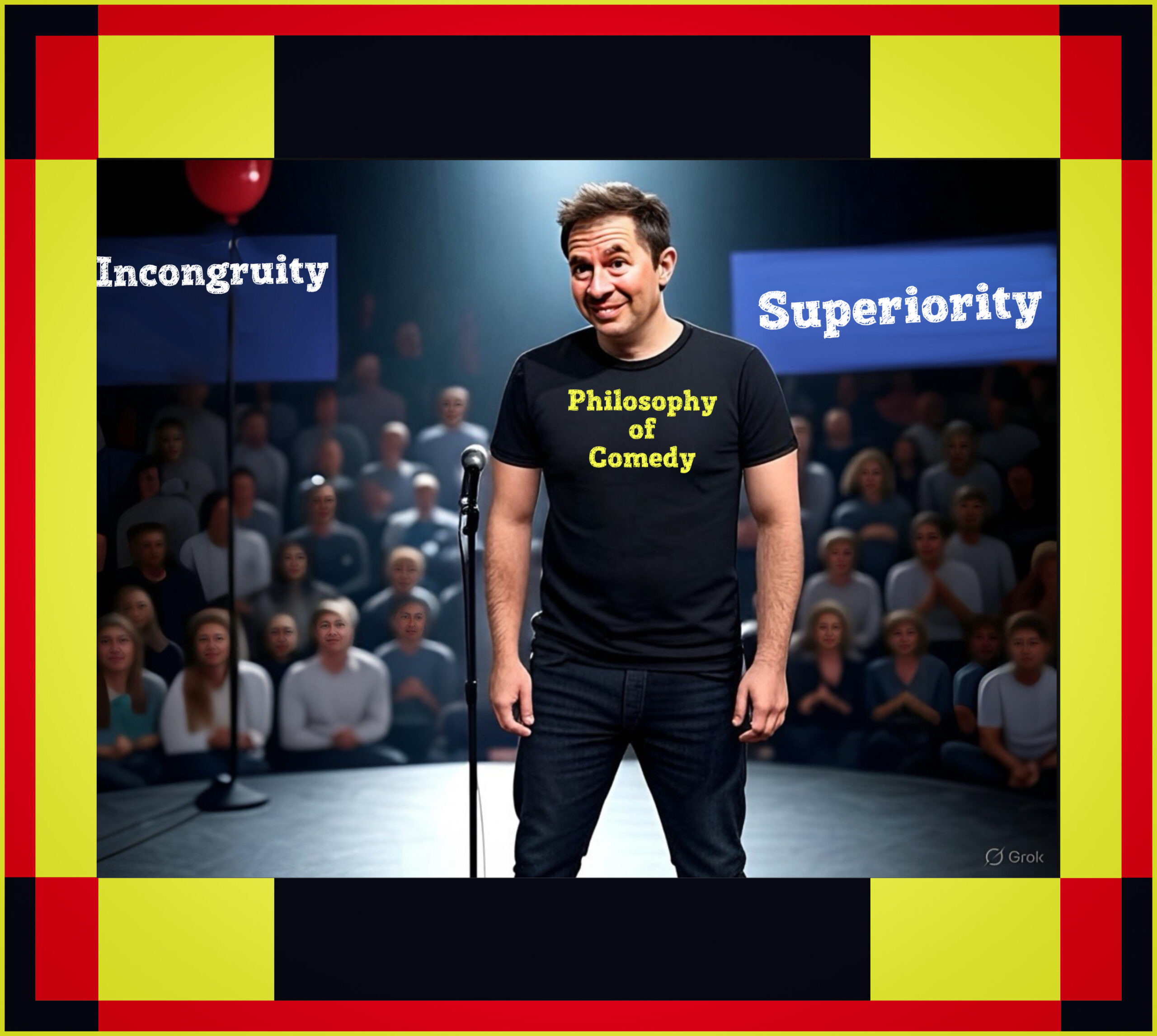 Two red and black outer frames with a red, yellow, and black inner frame portray an AI-generated graphic by Grok 3 of a stand-up comedian dressed in black pants, a black T-shirt with a yellow Philosophy of Comedy centered on his chest, standing on stage behind a low microphone stand with a goofy expression on his face. This image is used as a featured image.