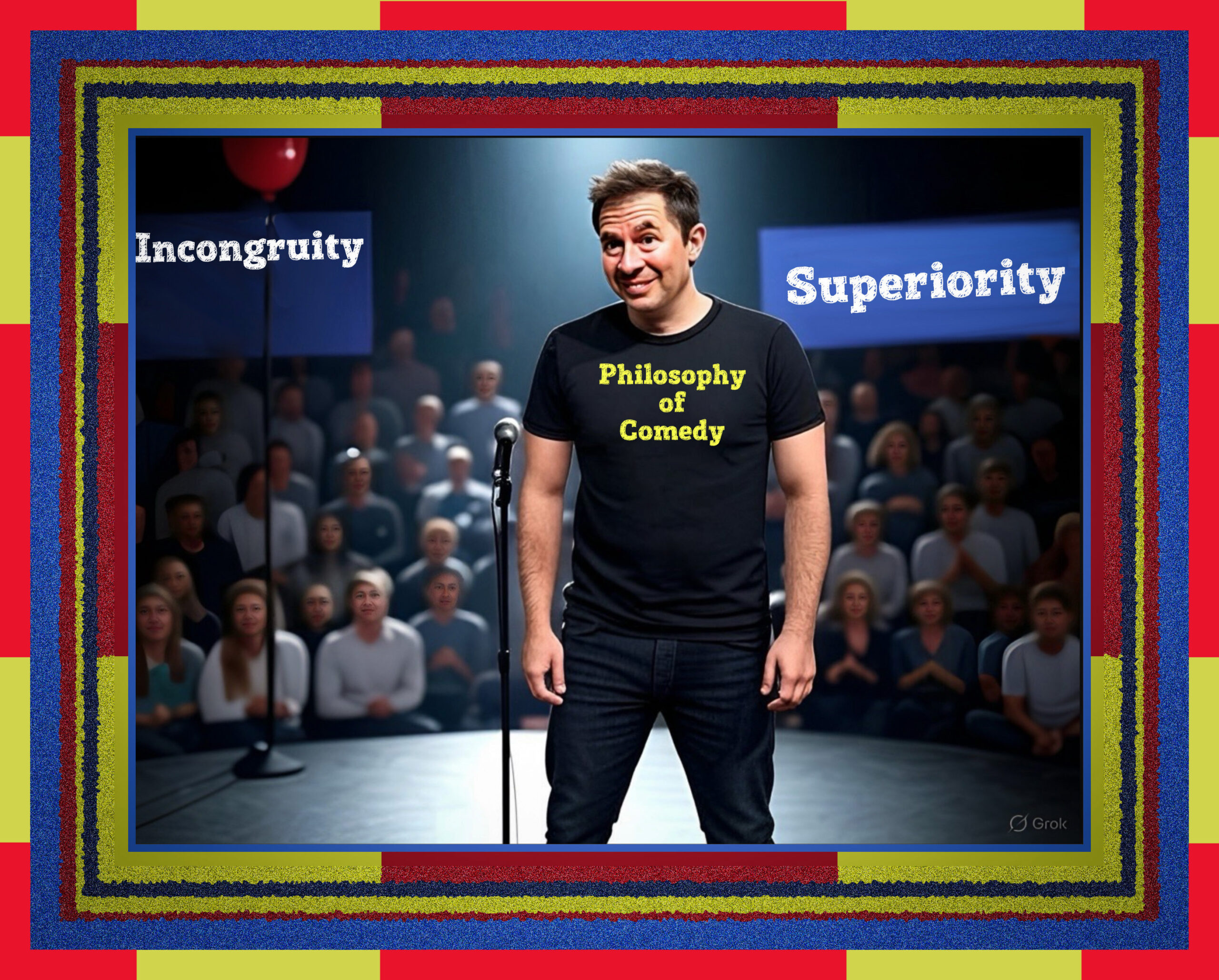 A septuple frame of outermost being in trios of red and duos of dirty yellow, followed by blue, red, yellow, blue again, and the penultimate innerframe is dirty yellow corners with red centers, with final frame a thin dark blue, portrays an AI-generated graphic by Grok 3 of a stand-up comedian dressed in black pants, a black T-shirt with a yellow Philosophy of Comedy centered on his chest standing on stage behind a low microphone stand with a goofy expression on his face.0