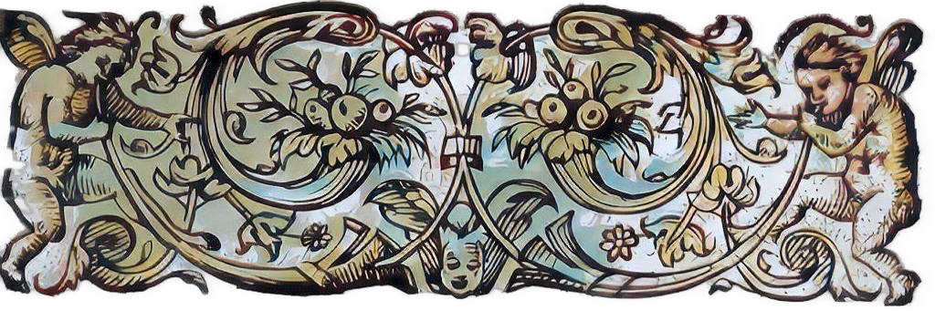 An enhanced, colorized cutout printer banner in blue and green showing cherubs playing is used as an ending divider.