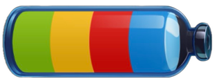A four primary colors (green, yellow, red, and blue) multi-colored segmented bottle with top to the right is used as a bullet point.