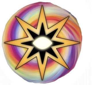 A colorful circle containing an eight-pointed star with an interior black star and white football-shaped center is used as a bullet point.