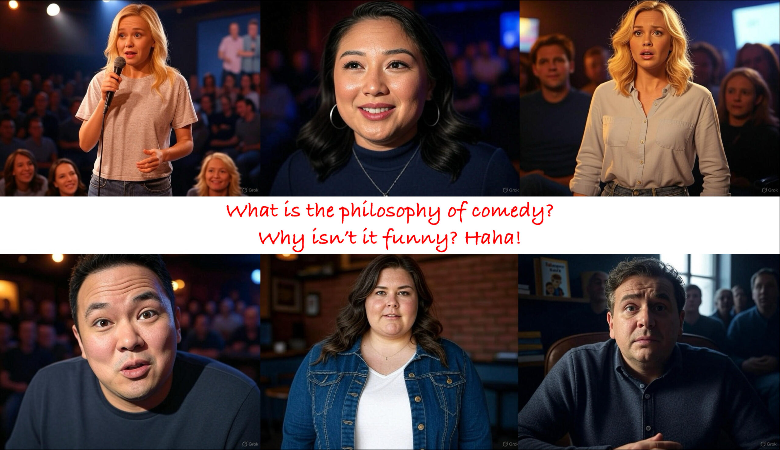 A collage of six stand-up comedians with a blank white space between the top and bottom trios with the words: “What is the philosophy of comedy? Over the response: “Why isn’t it funny? Haha!” is an entertaining graphic for the reader’s amusement.