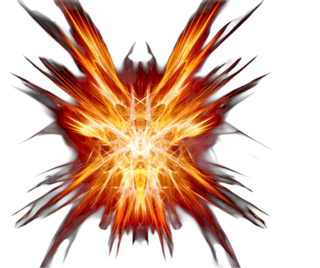 A fiery orange and yellow electric spider-like splash with black outlines is used as a bullet point.