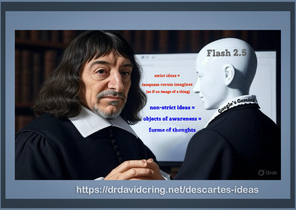 A thickly gray and blue-framed AI generated by Grok3 graphic of René Descartes on the left talking with a white-headed android on the right in a black suit, with the words and definitions via identity symbols for strict and non-strict ideas, is used as a featured image.
