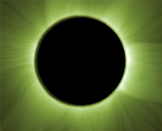 An enhanced image of a solar corona by a satellite of a circular black dot surrounded by a green corona inside a square is used as a bullet point.