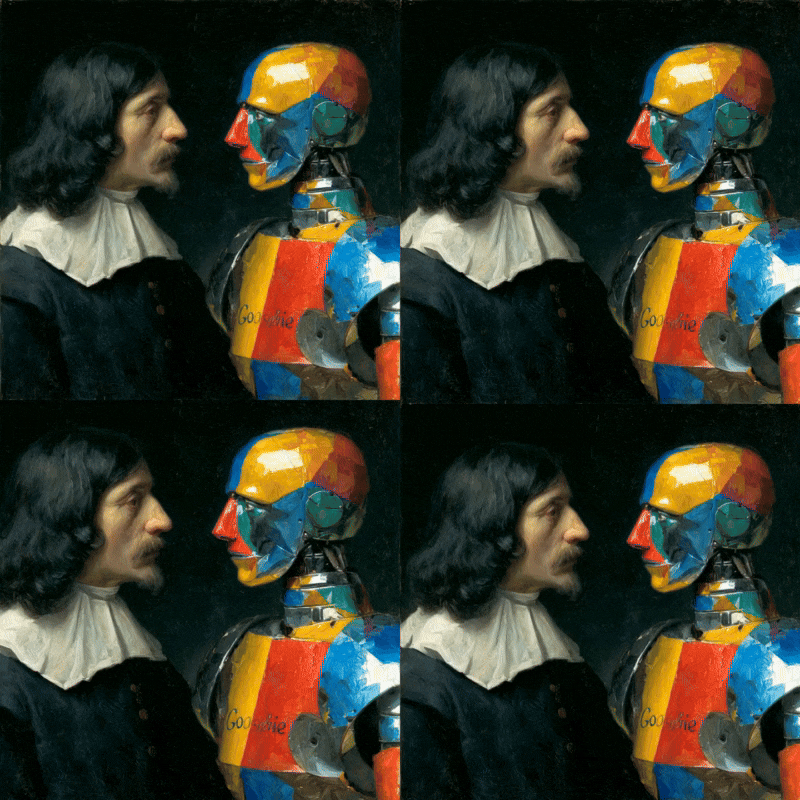 Four animated videos by Canva AI in a four quadrant collage turned into a .gif of a gesticulating René Descartes on the left arguing with a Google colored android on the right nodding his head in agreement or disagreement.