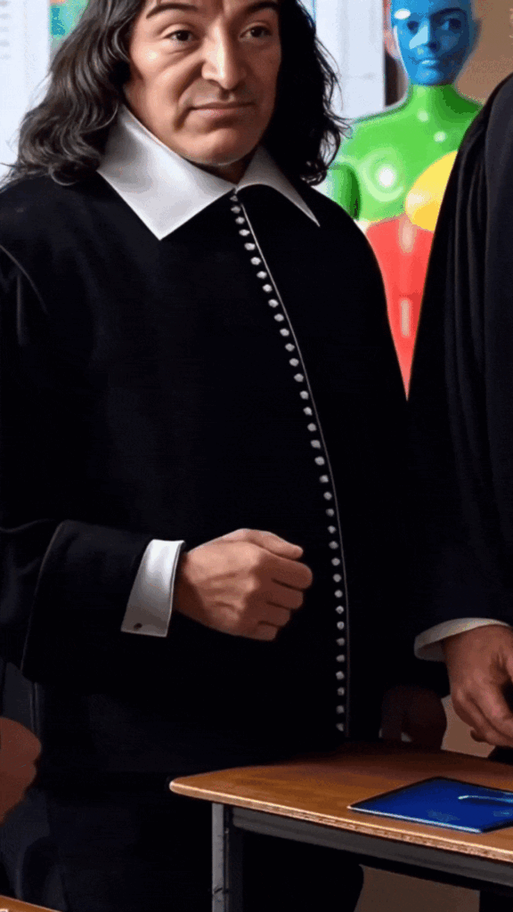 An animated GIF of slow motion speeding up at the end of a zoom-out shows René Descartes centered with a Google AI android in four primary colors: red, blue, yellow, and green over Descartes’s left shoulder. Kurt Smith with a full beard emerges on the right, and Dr. David C. Ring’s face with glasses in the right profile shows up on the left is used as a featured image.