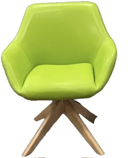 A bright lime green modern chair with four wooden kegs splayed out like a pyramid is used as a bullet point.
