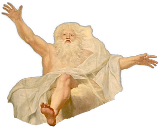 An enhanced cutout of an image of God with a flowing white beard and hair wearing light tan flowing robes, sitting on a cloud with his arms outstretched and showing one extended leg.