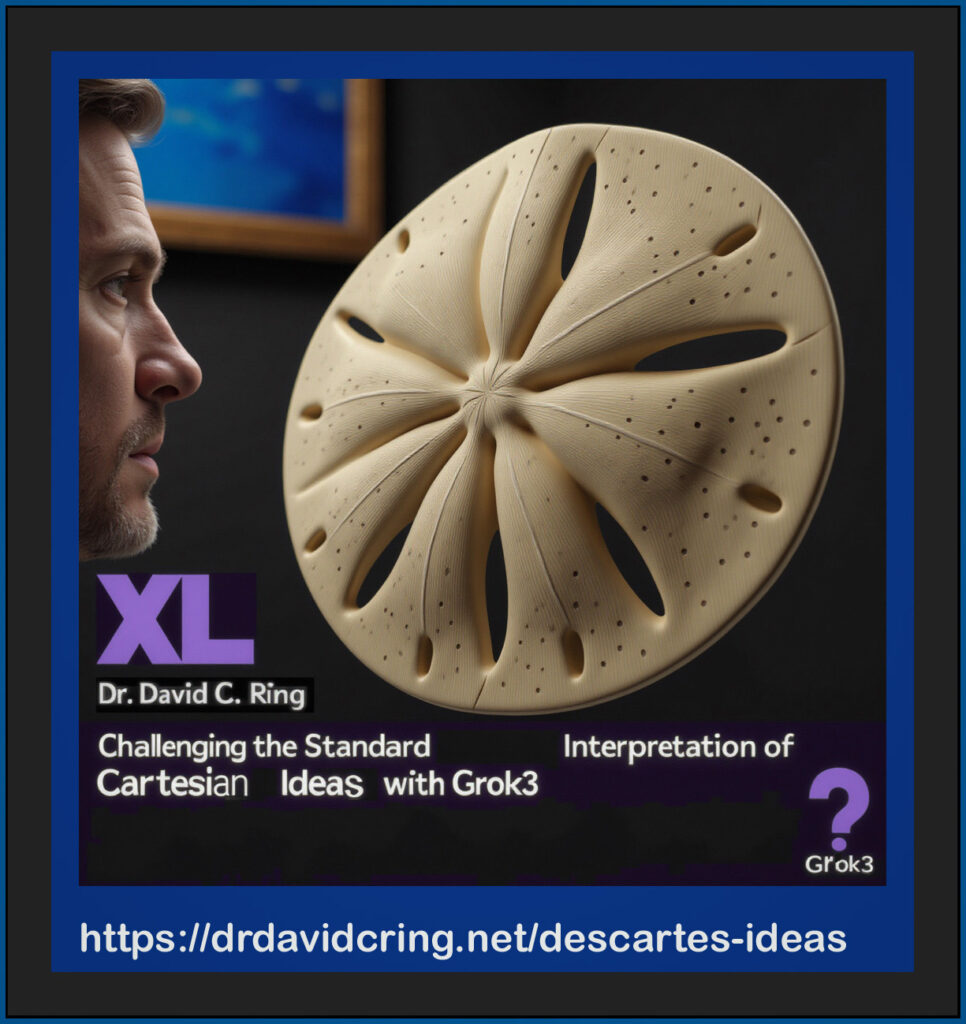 A double-framed black exterior and dark blue interior AI generated by Leonardo.ai shows a man’s face in profile on the left, looking towards a giant floating sand dollar with the webpage's title at the bottom. This image is used as a featured image.