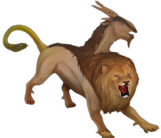 An enhanced cutout of a chimera in lion colors of tawny and dark brown.