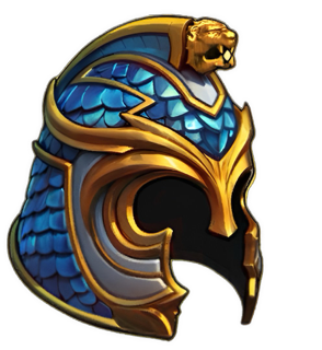 An enhanced cutout of a drawing of a golden bronze warrior’s helmet with blue sides and crown with a cat-like figure at the peak, showing exposed fangs, is used as a bullet point.