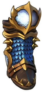An enhanced, descratched drawing cutout of a Medieval fancy boot of gold and blue is used as a bullet point.