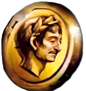 An enhanced cutout drawing of a good coin with Descartes’s likeness struck on the surface, looking to the viewer’s right in profile, wearing a laurel-leaf crown, is used as a bullet point.