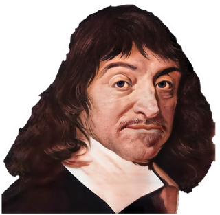A colorized and enhanced painting by Frans Hals of René Descartes with shoulder length brown hair looking straight at viewer with a white wide collar.