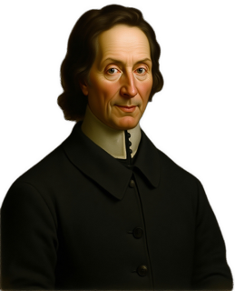 This is a reversed colorized painting of Nicolas Malebranche standing with his shoulders turned back slightly to his left, facing forward, wearing a high-neck collared shirt and dark brown tunic.