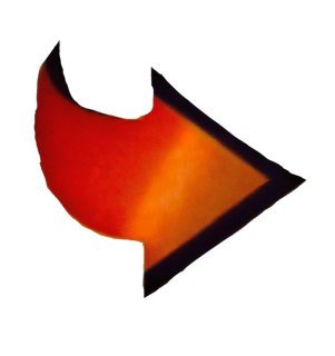 An enhanced cutout of an orange arrow with black cutting. Edges and an upswept tail pointing to the right is used as a bullet point.