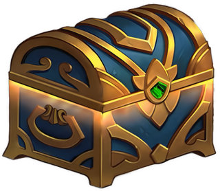An enhanced, reversed, bejeweled blue with gold reinforcements closed lid treasure chest is used as a bullet point.