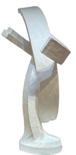 An enhanced, descratched photographic cutout of an abstract white sculpture: On a small circular base, an upright strip square at the top, and two curved arms squared off is used as a bullet point.
